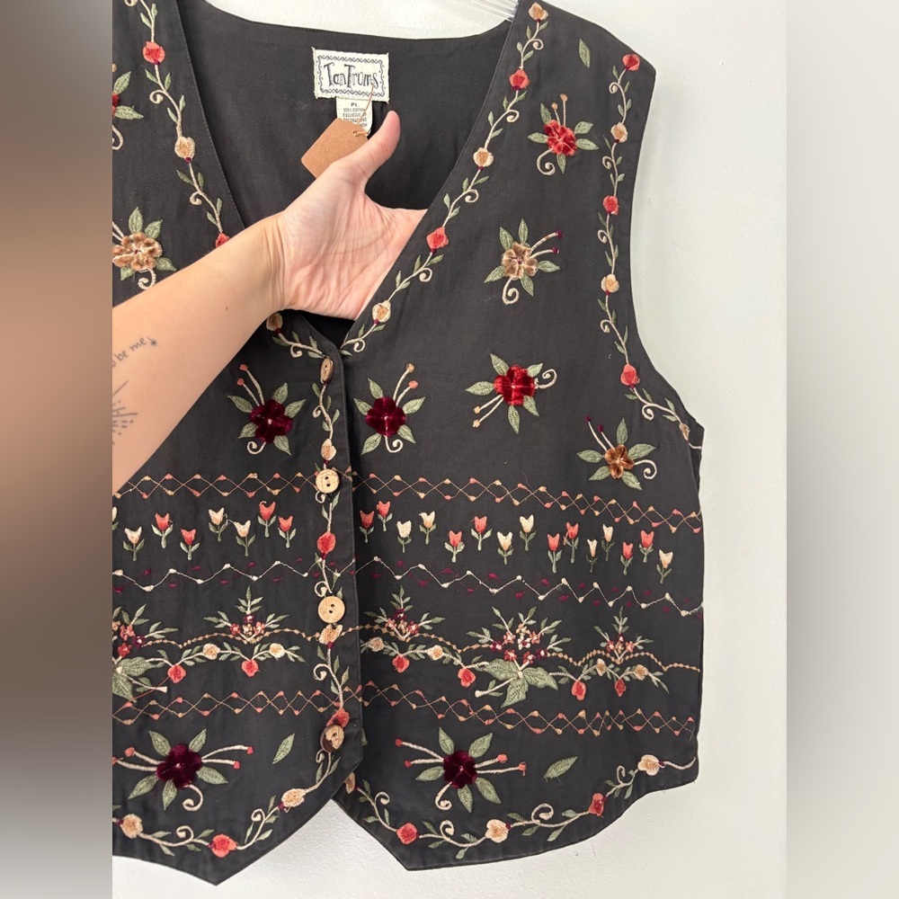 Vintage Cottagecore Grey Black Fairycore Velvet Floral Embroidered Vest - Large - Picture 2 of 7